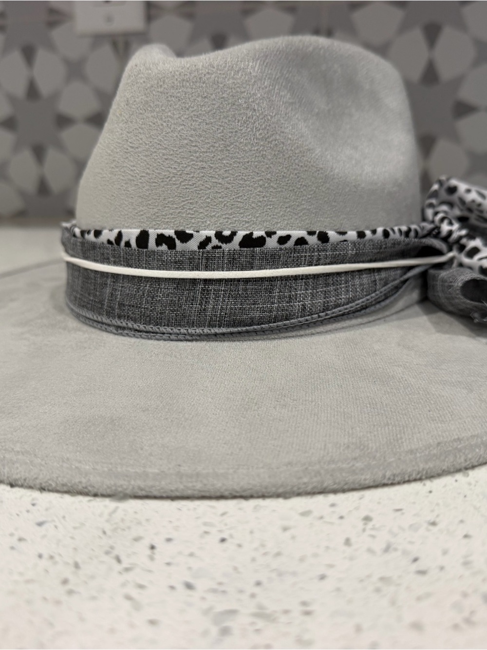 Stylish Gray Wide-Brim Fedora Hat with Patterned Trim